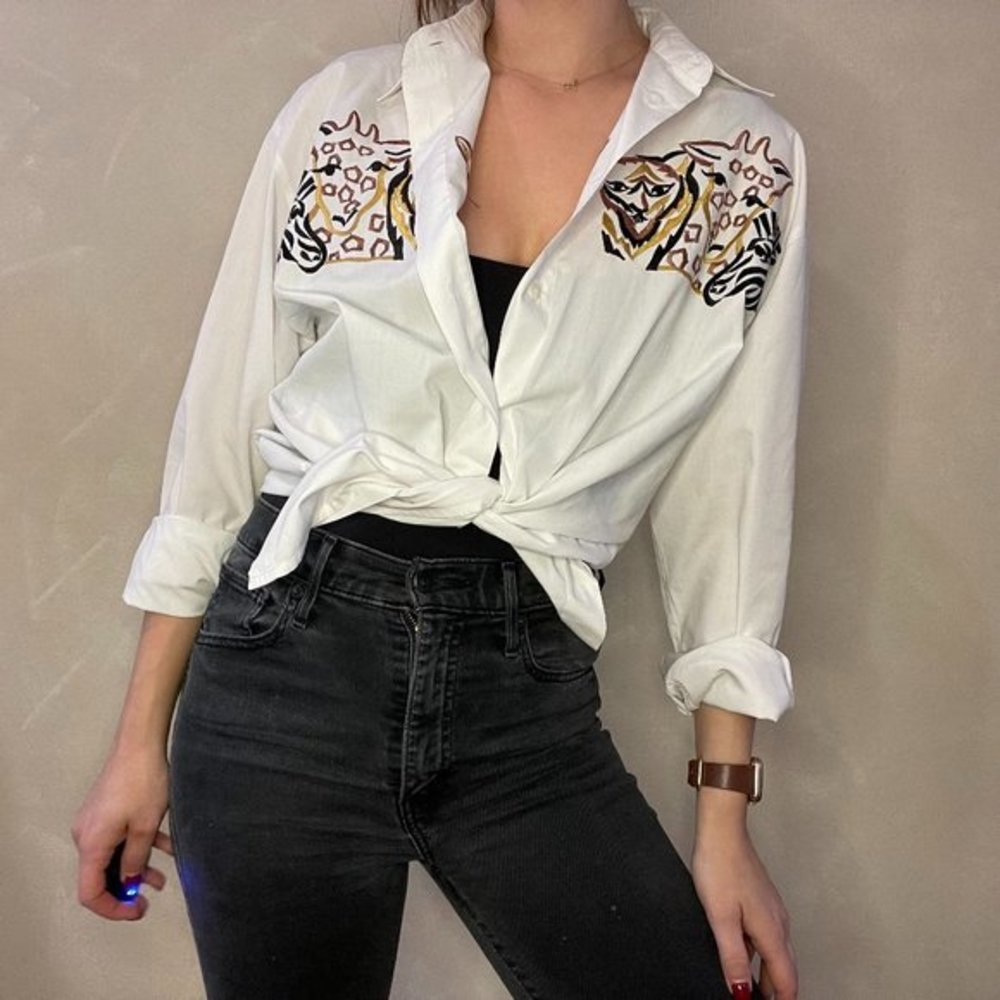 VTG 90s Ilyssa Maxx for 3K Animal Embroidery White Button Down in Size Medium